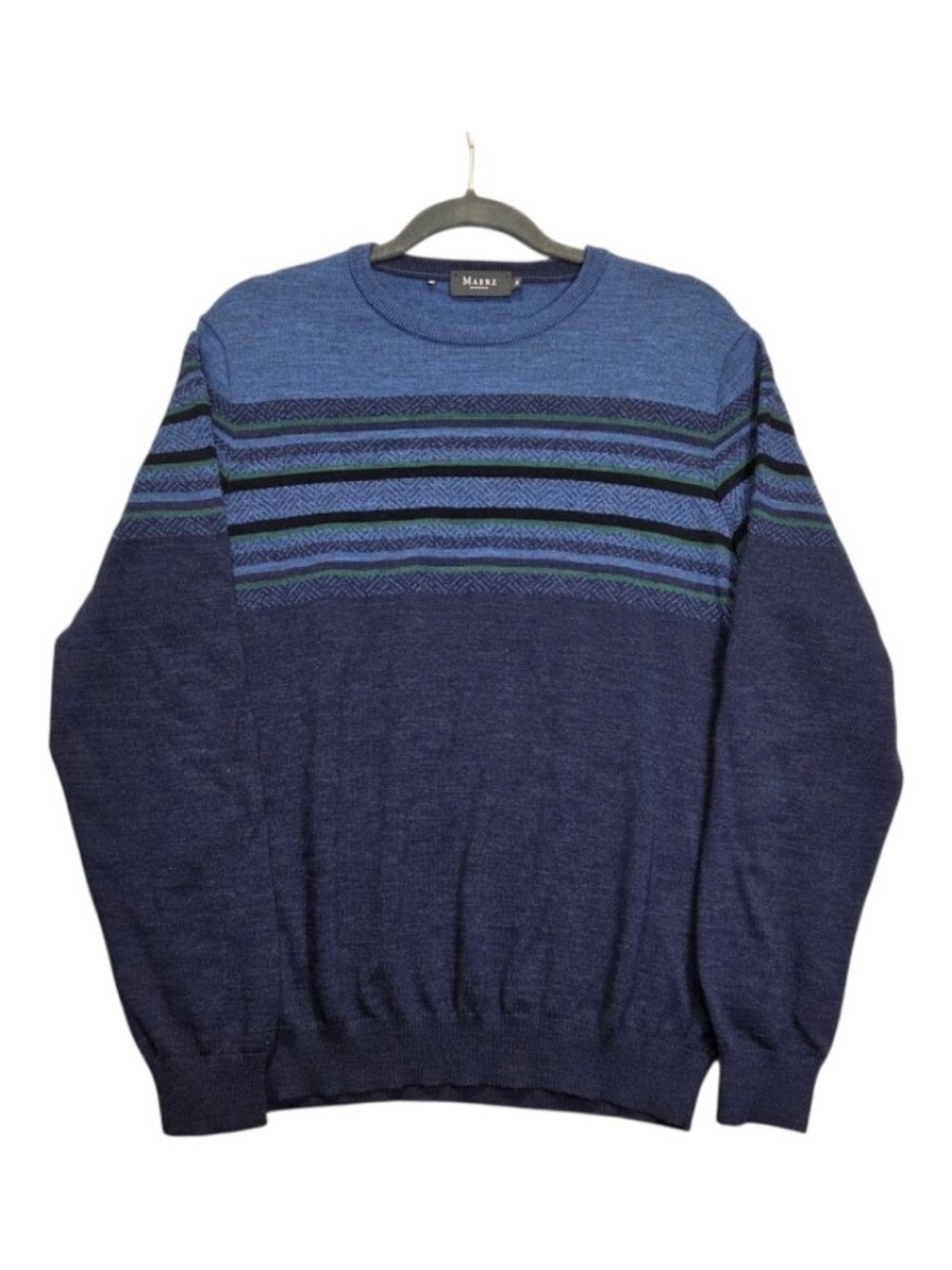 Maerz Muenchen Merino Wool Mens Sweater Blue Striped Crewneck Germany Size 50/L